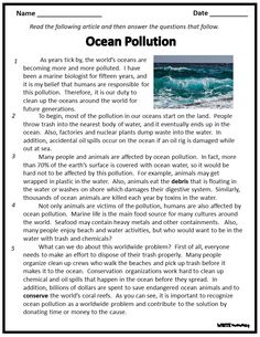 the ocean pollution worksheet is shown in black and white, with an image of waves