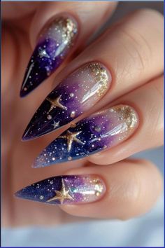 Take some time for self-care and indulge in a relaxing nail painting session. Experiment with different designs and techniques Star Sign Nail Art, Cosmic Nails Acrylic, Acotar Nail Art, Cosmic Nail Art, Acotar Nails, Fantasy Nail Art, Acotar Wedding, Constellation Nail Art, Starlight Wedding