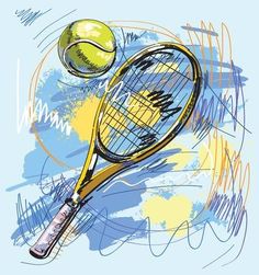 a drawing of a tennis racket and ball on a blue background with splashes