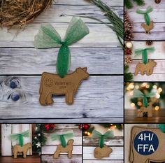 four different pictures of christmas decorations made to look like animals and reindeers with green bows