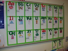 a green and white bulletin board with letters on it in front of a classroom wall