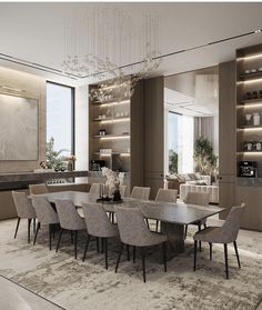 a large dining room table surrounded by beige chairs