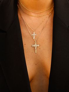 DESCRIPTIONA small gothic cross pendant placed on our Signature Chain makes the perfect everyday necklace. Layer with The Crucifix Necklace for effect. DETAILS- always made in 14k gold- pendant measurement: 25mm x 14mm- model wears an 18" Yellow Gold Crucifix Necklace With Clavicle Chain, Cornwall Outfits, Cross Neckless, Crosses Necklace, Jewelry Photography Tutorial, Catholic Cross Necklace, Diamond Cross Necklace Gold, Necklace Drawing, Golden Cross