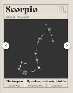 the zodiac sign scorpio is shown on a black and white cover with stars