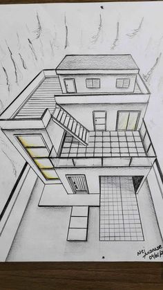 a drawing of a house with stairs and windows