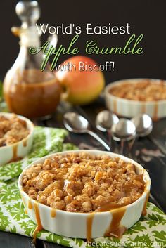 three bowls filled with dessert sitting on top of a green and white napkin next to spoons