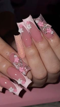 Nails Acrylic Latina, Long Square Acrylic Nails Pink, Long Nails Design 2024, Japanese Cherry Blossom Nails, Square Acrylic Nails Pink, Long Nails Design, Acrylic Nails Pink, Girly Acrylic, Chrome Nails Designs