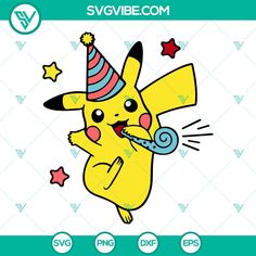 a cartoon pikachu with a party hat on