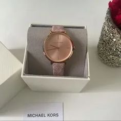 Michael Kors | Accessories | Michael Kors Jayne Three Hand Blush Watch With Patterned Strap New In Box | Poshmark Classic Pink Watch As Gift, Classic Pink Watches As Gift, Michael Kors Luxury Pink Watch, Hand Bracelet, Three Hands, Care Card, Michael Kors Accessories, Pink Gold, Pink And Gold