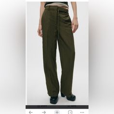 Zara Belted Wrinkled Pants Trendy Linen Bottoms For Workwear, Trendy Linen Workwear Bottoms, Green Linen Bottoms For Fall, Zara Linen Workwear Bottoms, Zara Linen Pants For Spring, Zara Linen Spring Pants, Zara Pants, Pants Color, Pant Jumpsuit