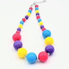 "Great accessory for your lil star, who loves to play dress up. Great for photos or to make her feel snazzy! This would be a perfect gift to make her smile. Necklace is made with 20 mm solid \"bubblegum\" chunky beads and is about 9\" inches long. The spacer beads, lobster clasp, and 3\" inch extension are silver tone. ~WARNING~ All jewelry items are not intended as toys or food. Product parts can be a choking /strangling hazard and as such are not suitable for children under 3 years of age. Do Cute Adjustable Multicolor Necklaces, Cute Handmade Plastic Necklace, Cute Multicolor Round Bead Necklaces, Cute Multicolor Plastic Necklaces, Plastic Round Beads Necklace For Gift, Multicolor Beaded Plastic Necklace, Adjustable Purple Playful Necklace, Playful Adjustable Purple Necklace, Playful Purple Adjustable Necklace