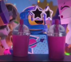 the lego movie character is holding two cups with juice in front of her and another toy behind her