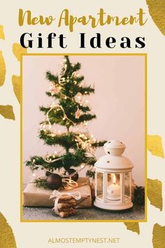 a christmas tree with presents under it and the words, new apartment gift ideas