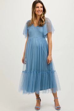 Blue Dotted Tulle Smocked Maternity Midi Dress – PinkBlush Modest Short Sleeve Maternity Dress For Summer, Short Sleeve Maternity Dress With Smocked Bodice, Short Sleeve Maternity Dresses With Ruffles, Spring Maternity Dress With Smocked Bodice And Short Sleeves, Summer Party Maternity Dress With Short Sleeves, Maternity Midi Dress With Ruffles And Short Sleeves, Spring V-neck Tulle Midi Dress, Flowy Maternity Dress With Ruffles And Short Sleeves, Summer V-neck Tulle Midi Dress