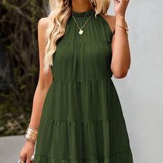 Size S Kirundo Womens Summer Dresses 2024 Casual Halter Sleeveless Flowy Mini Babydoll Tiered Pleated Beach Sundress Flowy Short Dress, Mid Skirt, Flounce Skirt, Camisole Dress, High Waist Fashion, Loose Dress, Types Of Skirts, Summer Dresses For Women, Skirt Fashion