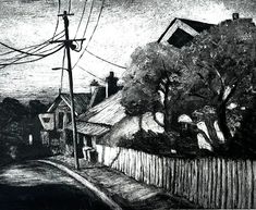 a black and white drawing of houses on a street