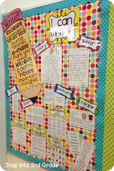 a bulletin board with words and pictures on it