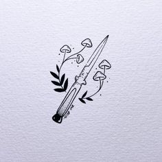 an ink drawing of a knife and mushrooms