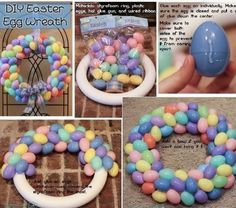 an easter egg wreath made out of candy eggs and plastic eggs, with instructions to make it