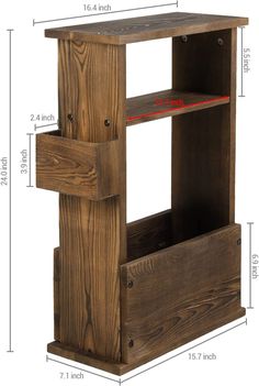 a wooden shelf with two drawers and measurements for the top half, bottom half and bottom half