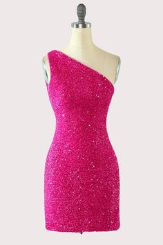 Hot Pink Sequins One Shoulder Mini Bodycon Dress Homecoming Dresses Cheap, Hot Pink Homecoming Dress, Bodycon Dress Homecoming, Short Homecoming Dresses, Short Prom Dresses, Cheap Homecoming Dresses, Pink Homecoming Dress, Mini Bodycon Dress, Dresses Cheap