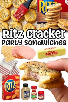 a hand holding a cracker and some other food items in front of the words, ritz cracker party sandwiches