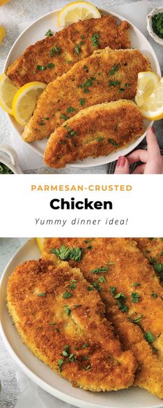 two plates of chicken with lemon wedges and parmesan crusted bread