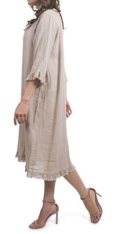 This dress is versatile and easy to use. Perfect for the beach or any other informal occasion. 75% linen 25% Cotton Made in Italy One Size Fits Most Model is 5'8 Linen Beach Dress For Spring Day Out, Spring Linen Beach Dress For Day Out, Spring Day Out Linen Beach Dress, Spring Daywear Linen Dress, Beige Ramie Linen Dress For Summer, Spring Linen Dress For Daywear, Spring Linen Dress For Beach, Beige Cotton Linen Dress For Vacation, Beach Season Linen Dress For Day Out