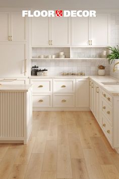 a kitchen with white cabinets and wood floors is featured in the floor & decor magazine