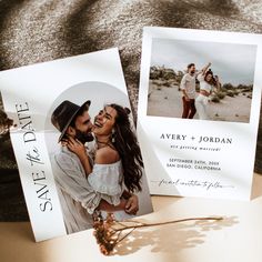 two wedding cards with the same photo on them