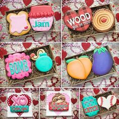 many different decorated cookies in boxes on a table