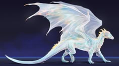 a white dragon is standing in front of a dark blue background and has its wings spread out