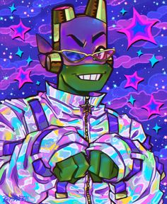 an image of a cartoon character wearing headphones and glasses with stars in the background