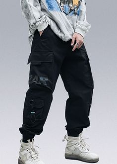 Techwear Tapered Leg Pants For Streetwear, Techwear Moisture-wicking Bottoms For Streetwear, Black High-waisted Techwear Pants, High-waisted Techwear Pants For Streetwear, Full-length Techwear Pants With Side Pockets, Black Techwear, Ninja Pants, Embroidery Pants, Streetwear Cargo Pants