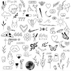 a bunch of doodles that are drawn in black and white