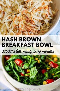 hash browns breakfast bowl with spinach, corn and tomatoes in white bowls on a blue towel