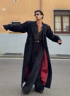 Vogue Outfits Men, Mens Opera Outfit, Masculine Men In Dresses, Retro Aesthetic Men Outfits, Summer Vampire Outfit Men, Men Platform Boots Outfit, Edgy Outfits Male, Big Coat Outfit Men, Masquerade Outfit Ideas Men Black