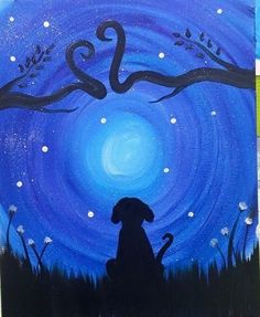 a painting of a dog sitting in front of a night sky with stars and swirls