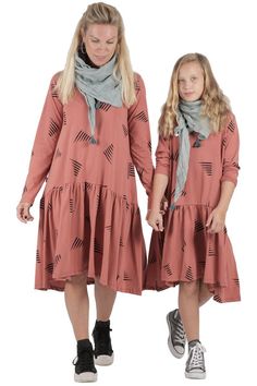 Terracotta Triangles Long Sleeves Drop Waist Dress. Mommy and me matching outfits, 100% cotton, relaxed dresses. Mini me trend