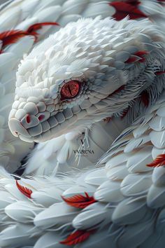 a white snake with red eyes is curled up in the shape of an animal's head