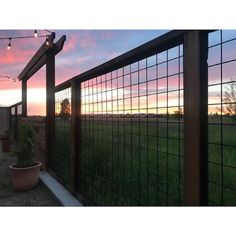 the sun is setting behind a wire fence with potted plants in front of it