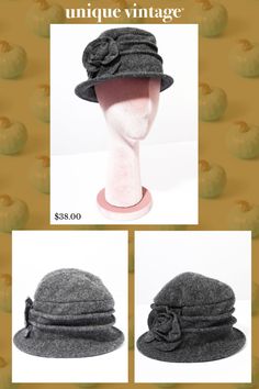 This charming cloche hat is crafted in dark grey wool and features a ribbed brim with attached rose bud design. .Available while supplies last. | 1920S Grey Wool Rose Bud Cloche Hat Rose Bud, Cloche Hat, Rose Buds, Unique Vintage, Dark Grey, Wool, Hats, Grey, Design