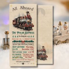 an old fashioned christmas train ticket with santa's sleigh in the background