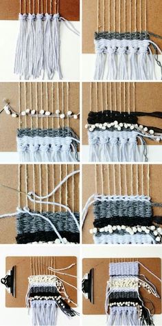 the steps to make a weaving project with yarn and beads, including two rows of different colors