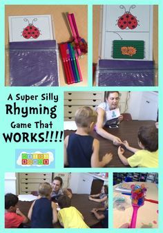 a collage of photos showing children playing with toys and writing on the wall in front of them