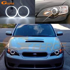 the front end of a silver car with two lights on it and another side view