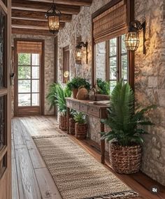 Brick Hallway Floor, Hallways Ideas, Hallway Design Ideas, Rustic Entryway Table, Home Sanctuary, Brick Archway, Rustic Hallway, Stone Archway, Rustic Wooden Bench