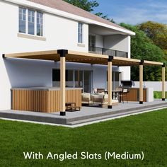 an artist's rendering of a modern house with angled slats and wooden columns