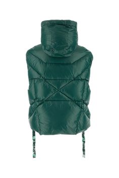 Bottle Green Nylon Sleeveless Puff Shiny Down Jacket from Khrisjoy Sleeveless Nylon Vest With Padded Collar, Sleeveless Green Nylon Outerwear, Hooded Gilet, High Heel Rain Boots, Luxury Marketing, Shoe Boot Sandals, Saint Laurent Shoes, Backpack Tote Bag, Sleeveless Jacket