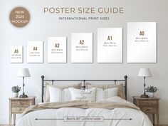 the poster size guide is displayed on the wall above the bed